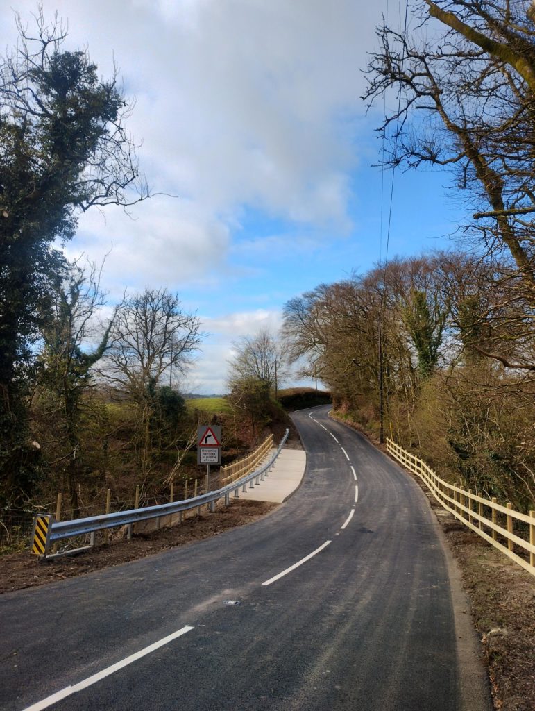 View of the completed roadworks at Roundwaters, between Exford and Wheddon-Cross
