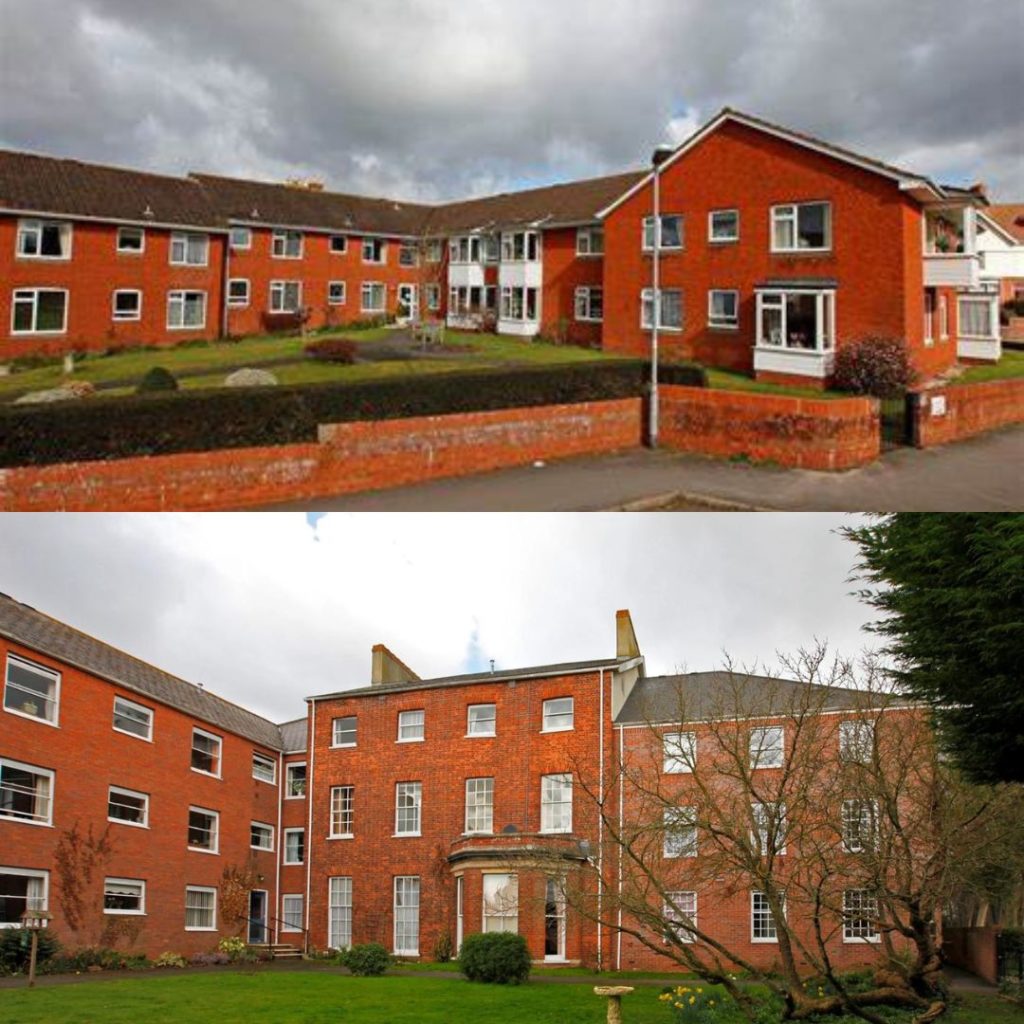 Two red-brick buildings in a photo collage.