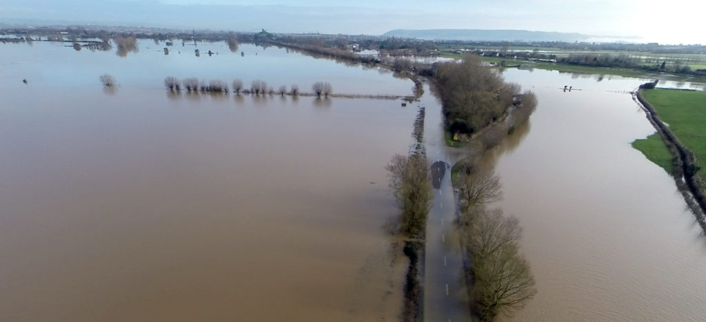 Flooding in and around the Somerset levels in the UK.