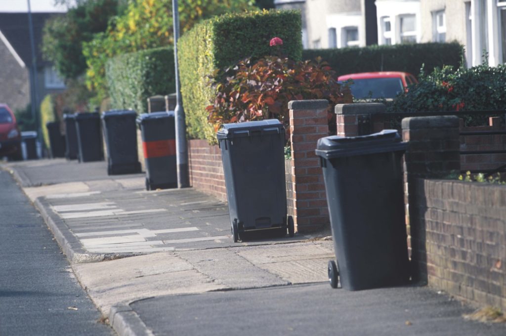 Black wheeled rubbish bins line a street