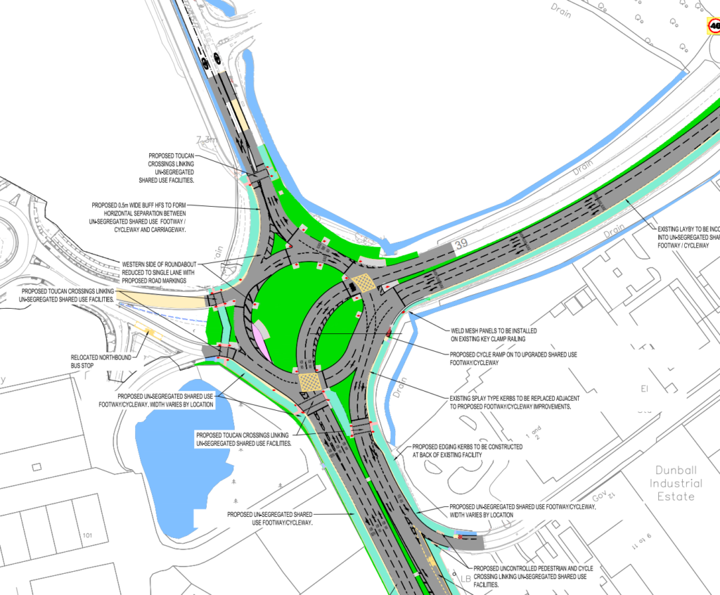 Technical line drawing of the Dunball roundabout improvement works.