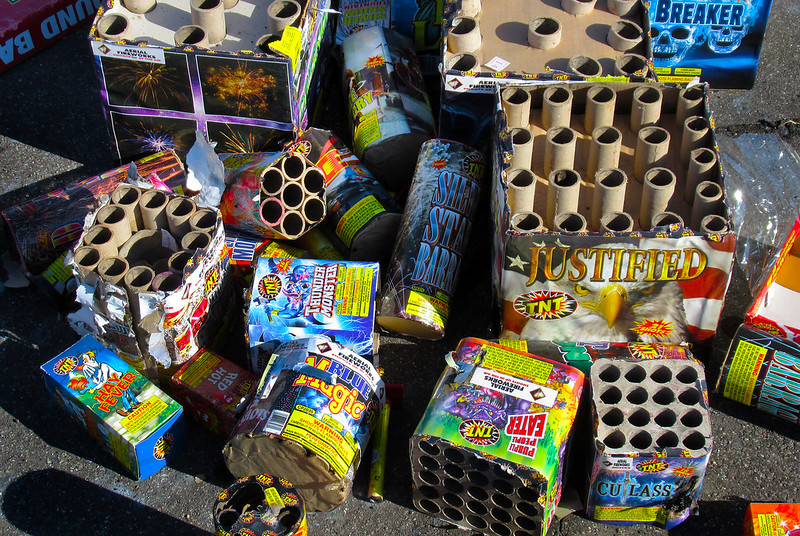 An assortment of pre-packaged fireworks.