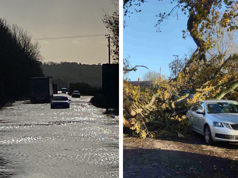 Dual image of a car driving through a flooded road (left) and a branch of a tree which has fallen on a car in a residential street (right).