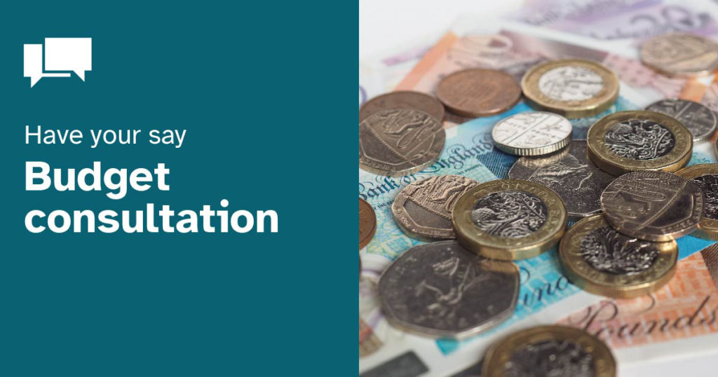 British bank notes and coins, captioned: 'Have your say, budget consultation'.