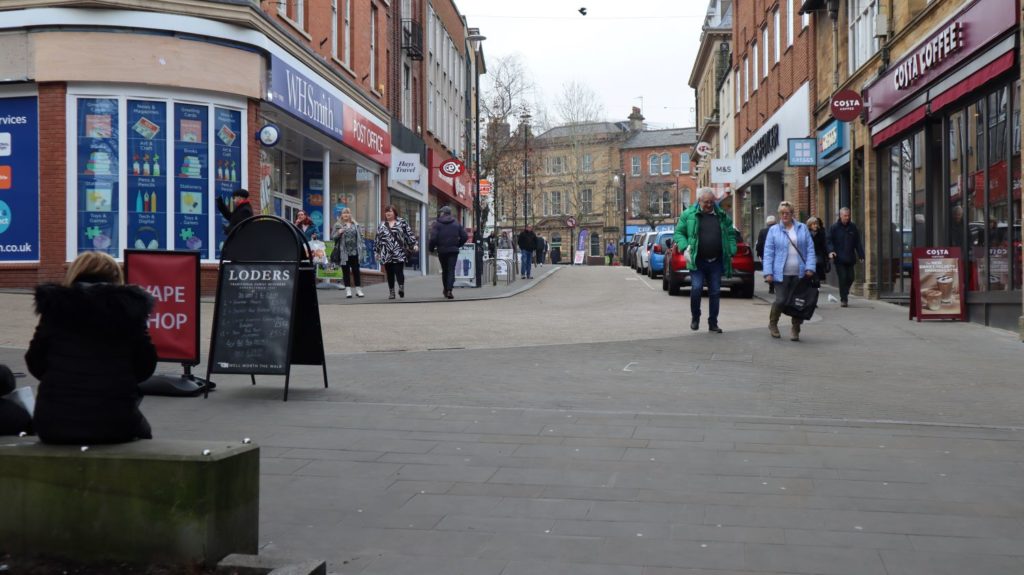North facing view of Middle Street in Yeovil showing the disabled parking and pedestrianised zone.