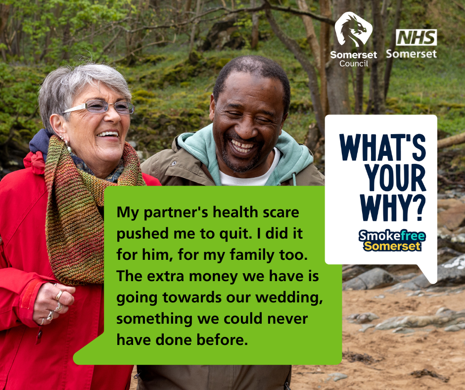 A mixed race couple walking in the woods with speech bubbles explaining their reason for quitting smoking and captioned: 'What's Your Why?'.
