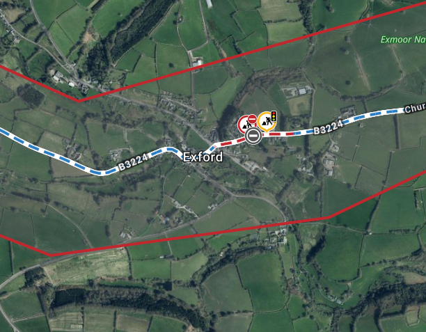 Aerial map of the B3224 / Church Hill in Exford, detailing the roadworks and closure.