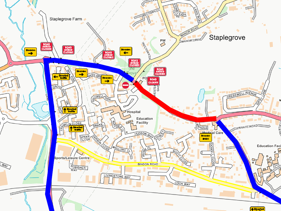 Map detailing the road closure on the A358 Staplegrove Road.