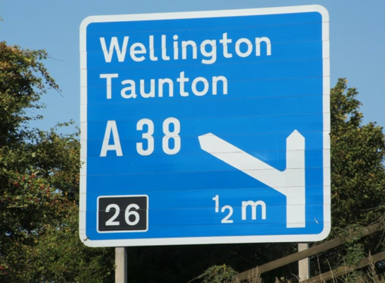 M5 Junction 26 sign for Taunton/Wellington.