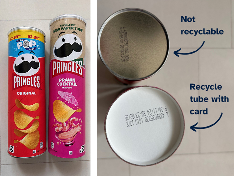 Dual photos of Pringles tubes: Original and Prawn flavour on the left and a view of their bases on the right; non-recyclable metal and recyclable card.