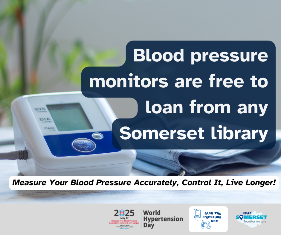 Graphic illustrating blood pressure monitors are free to loan from any Somerset library