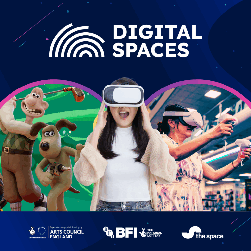 People wearing virtual reality headsets with Wallace and Gromit in the background