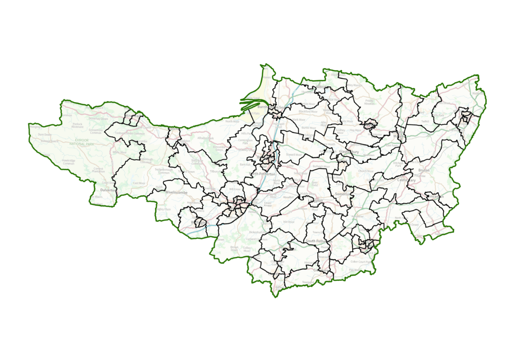 Ordnance Survey map outlining the ward division boundaries within Somerset.