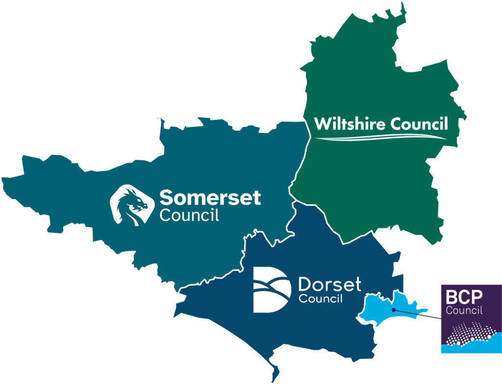 Map of the Wessex Partnership, outlining the county boundaries for Bournemouth, Christchurch and Poole, Dorset, Somerset and Wiltshire on light blue, blue, teal and green background colours, complete with each council's logo.