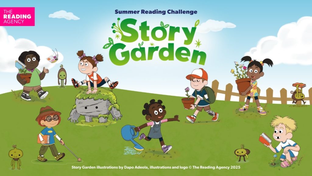 Graphic illustrating the Summer Reading Challenge with children in a country setting