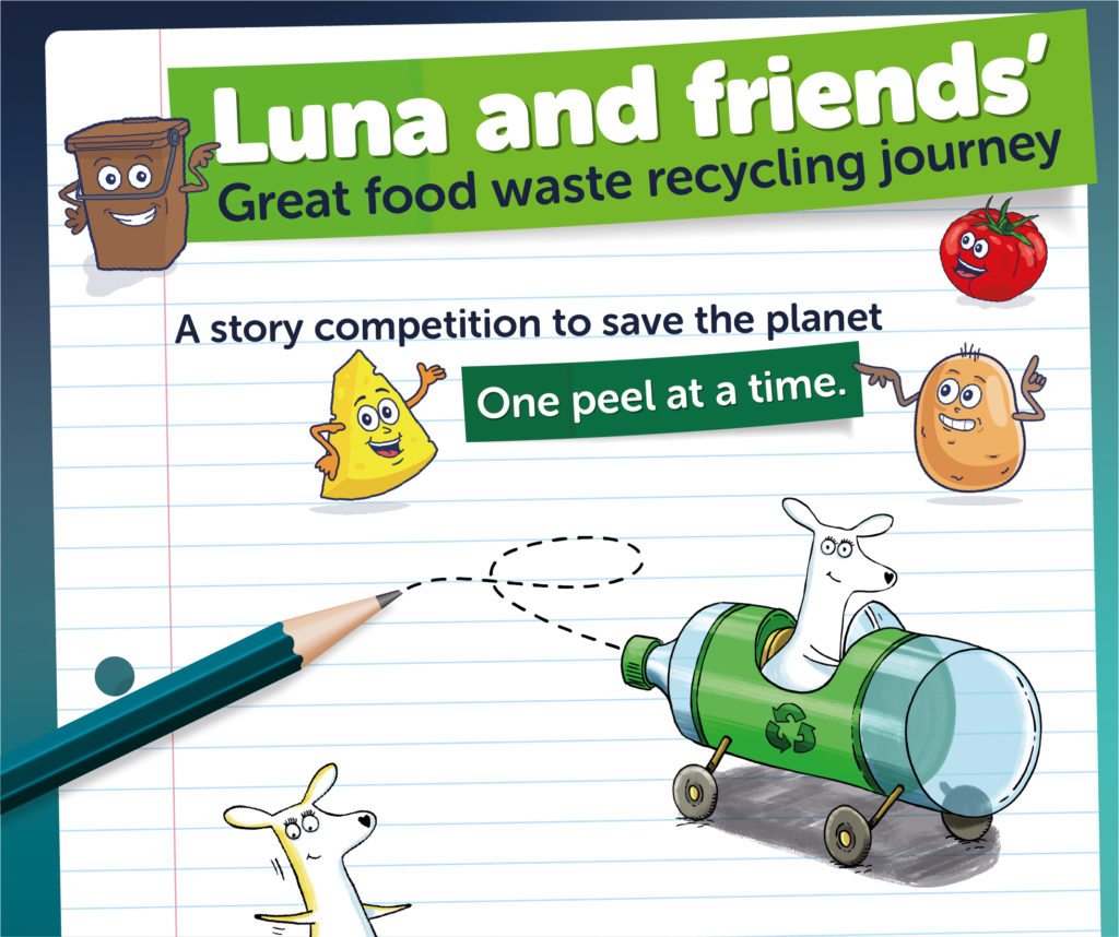 Poster for Luna and friends' story contest on food waste recycling, with animated food characters and a pencil on lined paper.