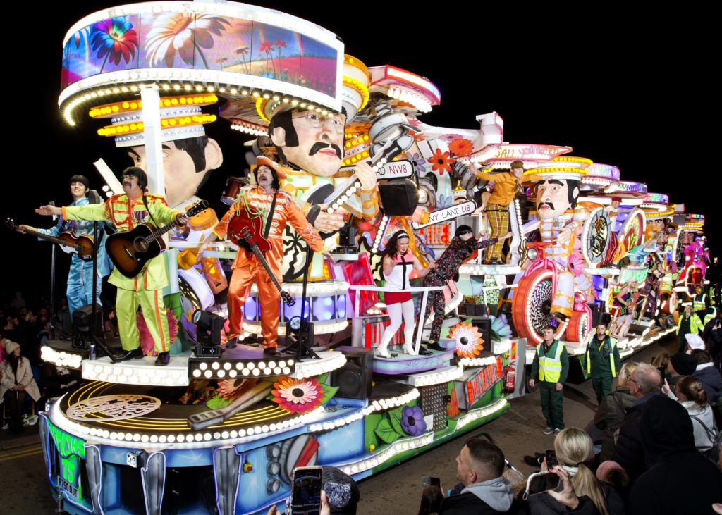 Image of a brightly lit carnival cart taking part in Bridgwater Carnival