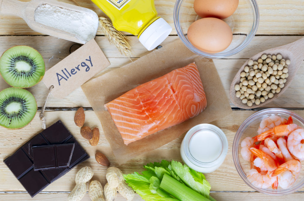 Various common allergens including salmon, shrimp, eggs, milk, soybeans, nuts, chocolate, kiwi, celery, and a tag labelled 'Allergy'.