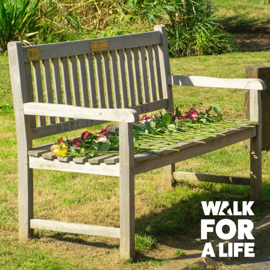 flowers laid on the Afterlife bench in Taunton