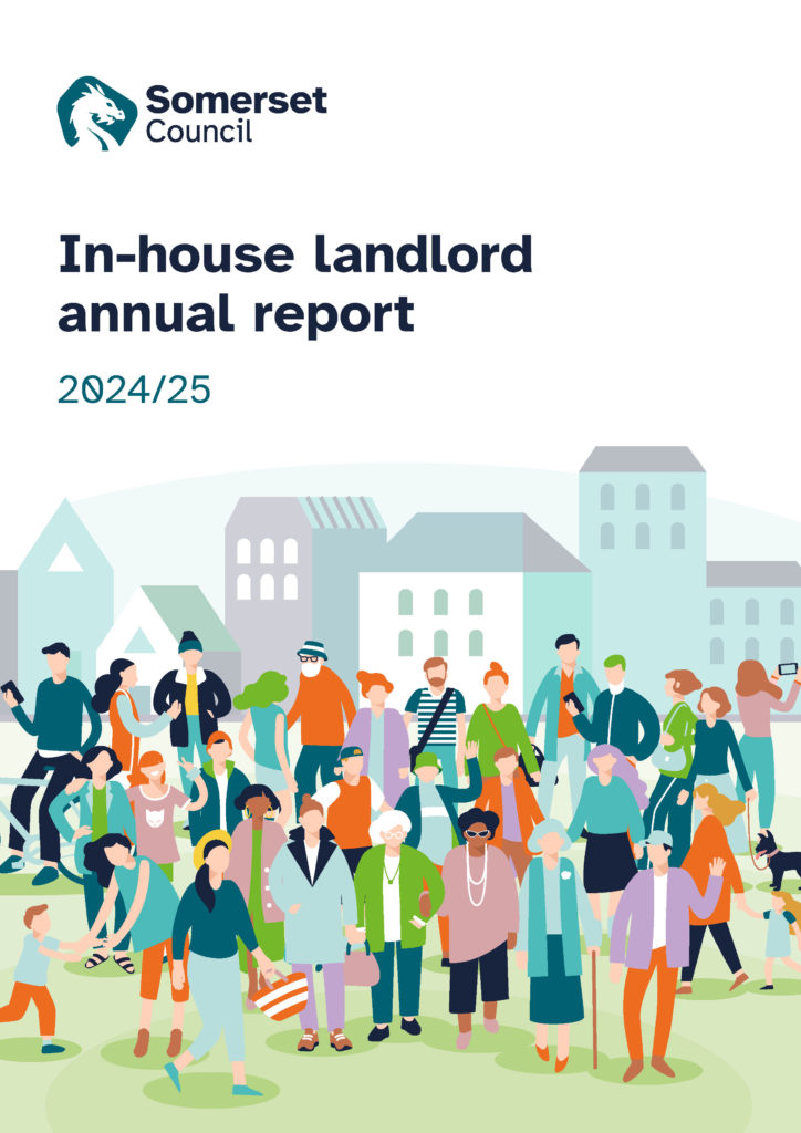 Somerset Council In-house landlord annual report 2024/25 cover with diverse people illustrated in front of buildings.