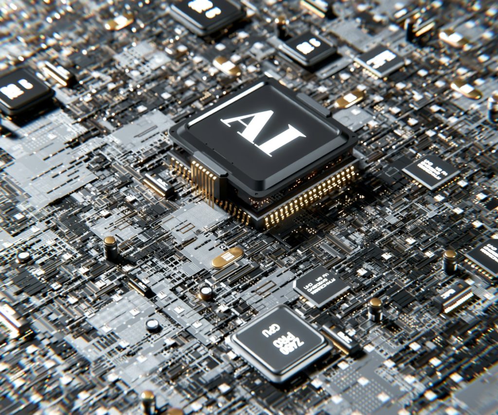 Stock image of a motherboard featuring a central AI chip surrounded by microchips and electronic components by Igor Omilaev from Unsplash.
