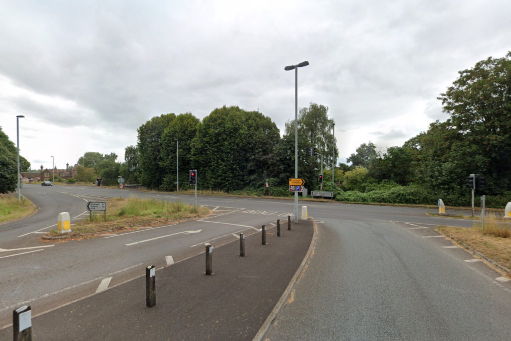 Wide view of A39 Dunster Steep junction showing traffic lights and road layout, with signals set for replacement in early 2026.