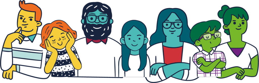 Illustration of a diverse group of people standing together, representing community involvement in The Families First Partnership Programme.