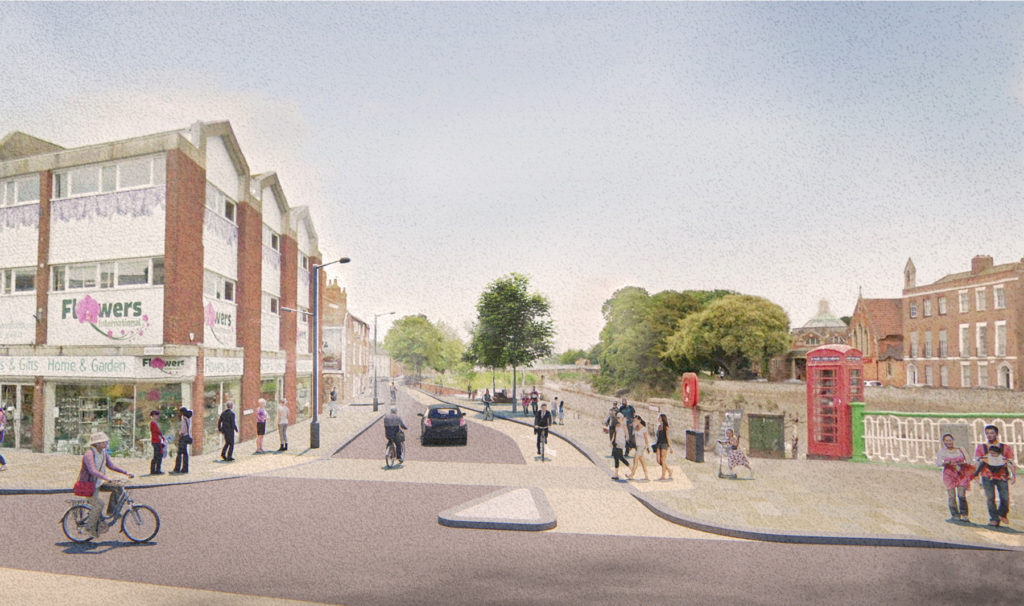 Artists’ impression of proposed Celebration Mile improvements at Salmon Parade and Eastover Triangle, showing enhanced pedestrian areas, new tree planting, and upgraded public realm design in Bridgwater.