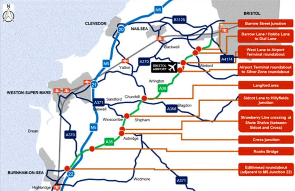 A map showing planned A38 and M5 J22 improvement locations, including Edithmead roundabout and key junction upgrades along the route.