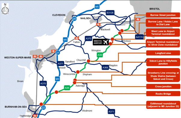 A map showing planned A38 and M5 J22 improvement locations, including Edithmead roundabout and key junction upgrades along the route.