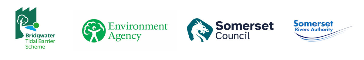 Logos for the Bridgwater Tidal Barrier Scheme, Environment agency, Somerset Council and the Somerset Rivers Authority