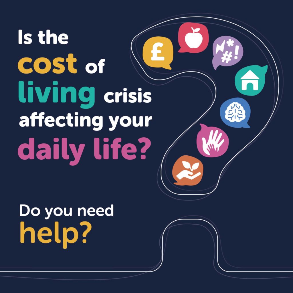 Graphic asking “Is the cost of living crisis affecting your daily life?” with icons for money, food, housing, health and support.