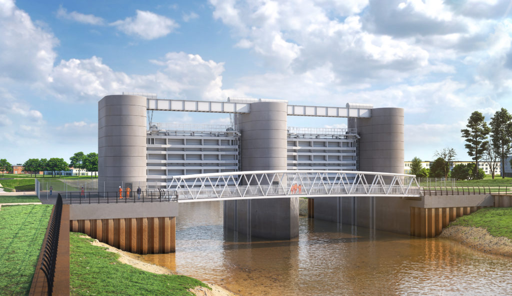 Outline image of the Bridgwater tidal Barrier stretching from bank to bank with water under it.