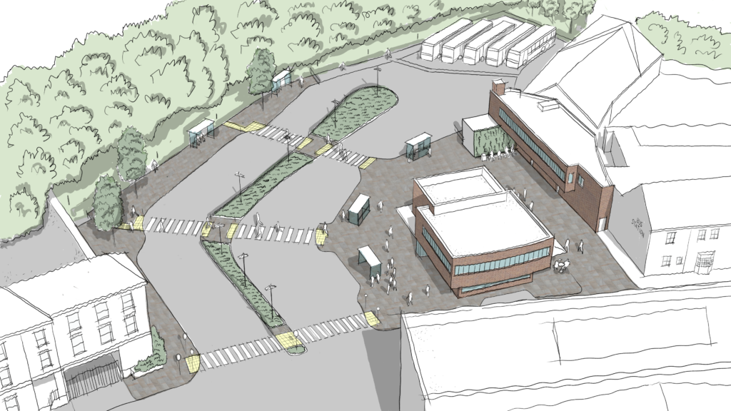 Artist impression of the planned Taunton Transport Hub showing buildings, buses and roadways.