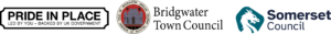 Logos for Pride in Place, Bridgwater Town Council and Somerset Council displayed side by side on a white background.