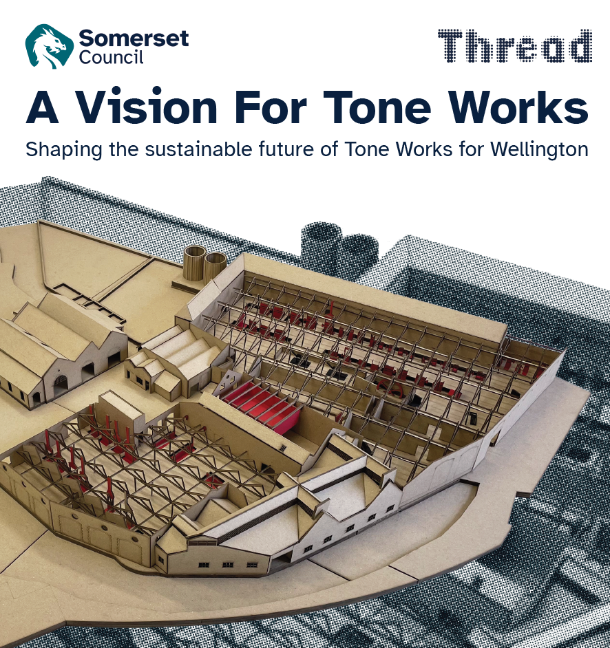 Architectural model showing the layout and internal structure of the historic Tone Works site buildings viewed from above.