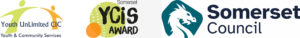 Combined logos for Youth Unlimited CIC, YCiS Award and Somerset Council featuring stylised figures, award graphic and teal dragon crest.