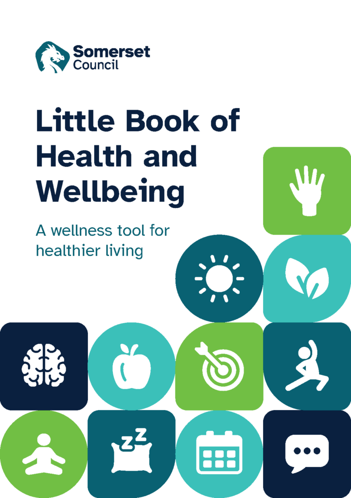 Cover page of Somerset Council Little Book of Health and Wellbeing with icons representing fitness, nutrition, sleep and mental health.