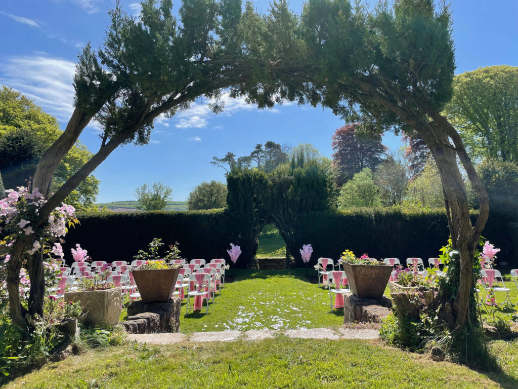 Outside wedding easting at Croydon Hall an 8-acre exclusive-use country house estate in Somerset
