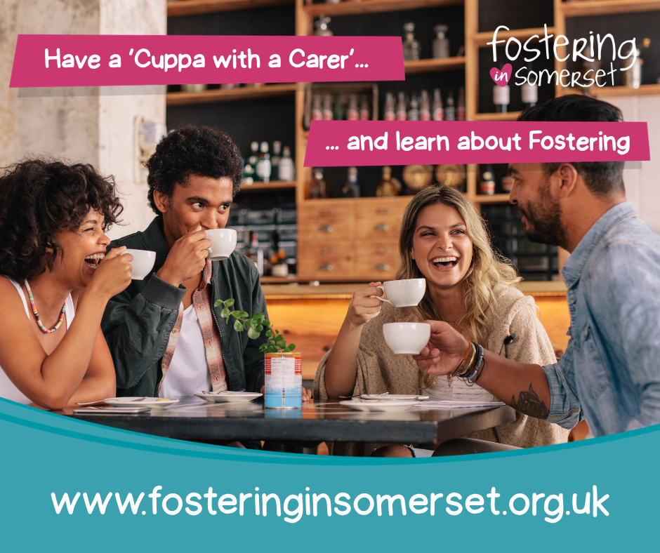 Four people in cafe drinking coffee and chatting.