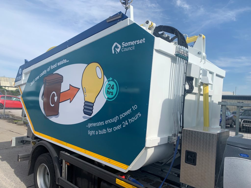 Food Waste Truck operated by Somerset Council, showing new food waste recycling vehicle with energy graphic on the side.