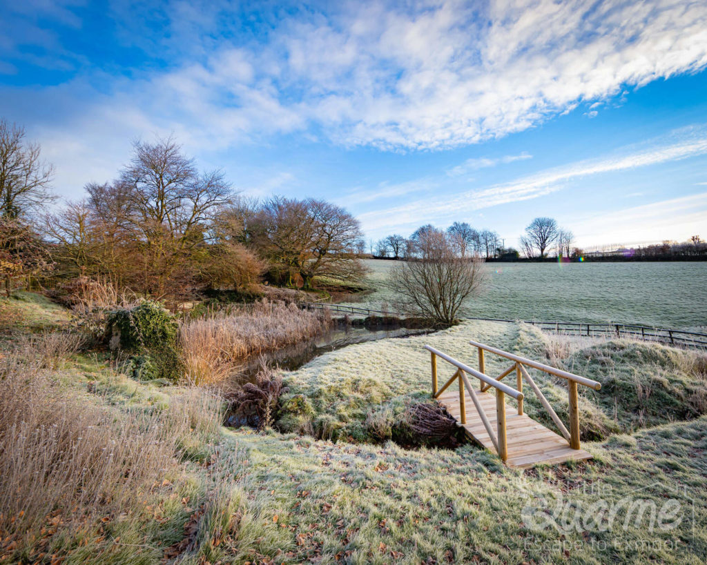 Frost-covered field with a small wooden footbridge over a stream, surrounded by trees under a partly cloudy sky.