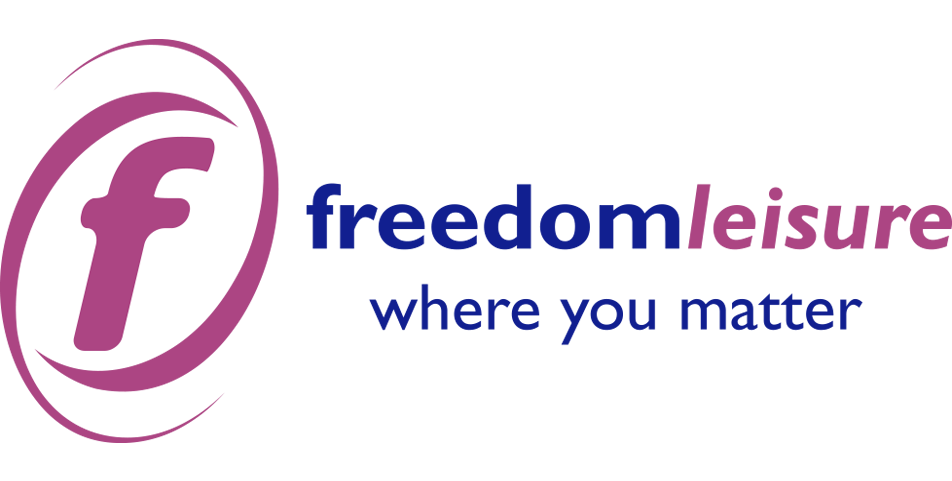 Freedom Leisure logo with a stylised white lowercase “f” on a pink background, alongside a dark blue block with brand text.