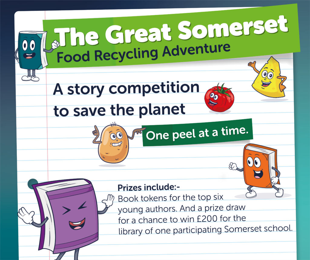 Poster for Great Somerset Food Recycling Adventure story competition with cartoon food characters and eco message, plus prize details.
