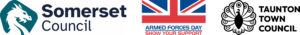 Somerset Council, Armed Forces Day and Taunton Town Council logos displayed side by side on a white background.