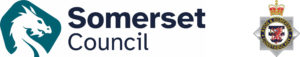 Somerset Council logo with white dragon on teal background beside Avon and Somerset Police crest on white background.