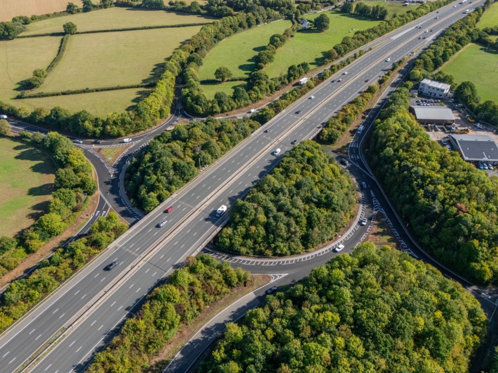 Aerial view of roads at junction 26 of the M5 motorway.