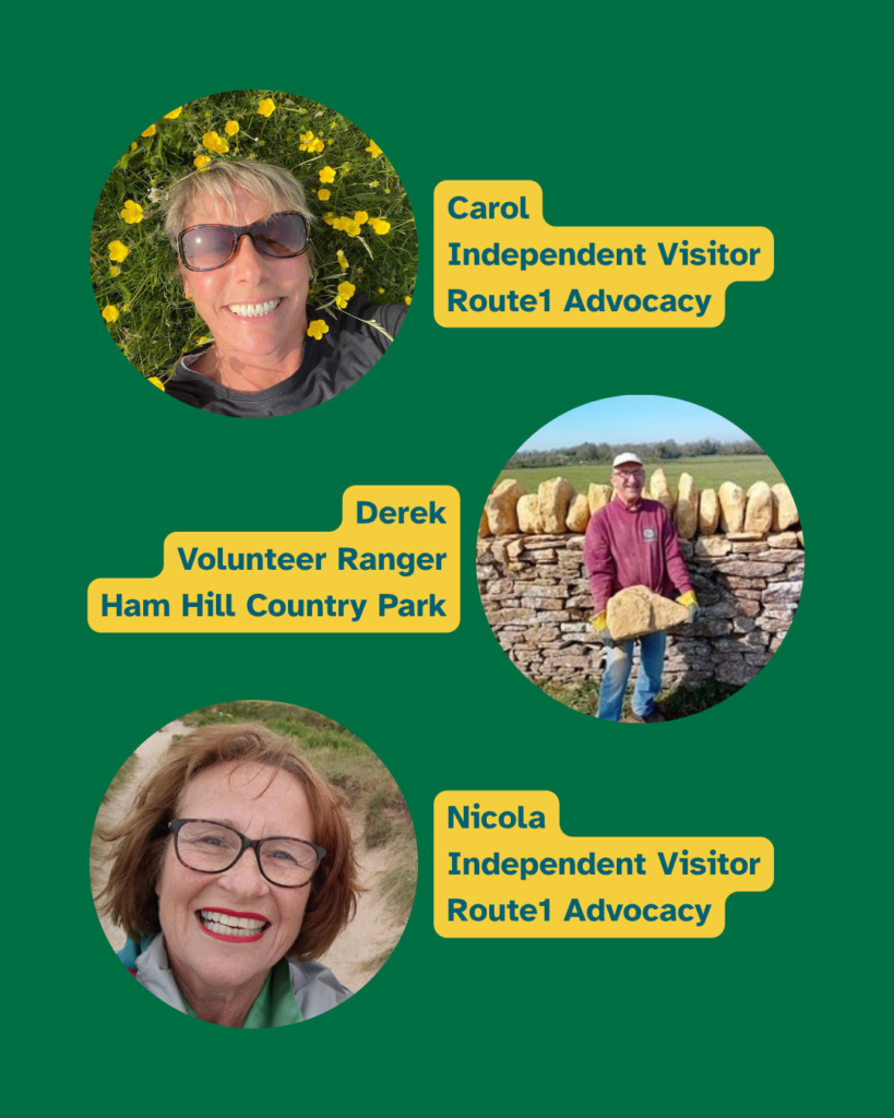 three separate photos of volunteers with their name and volunteers role.