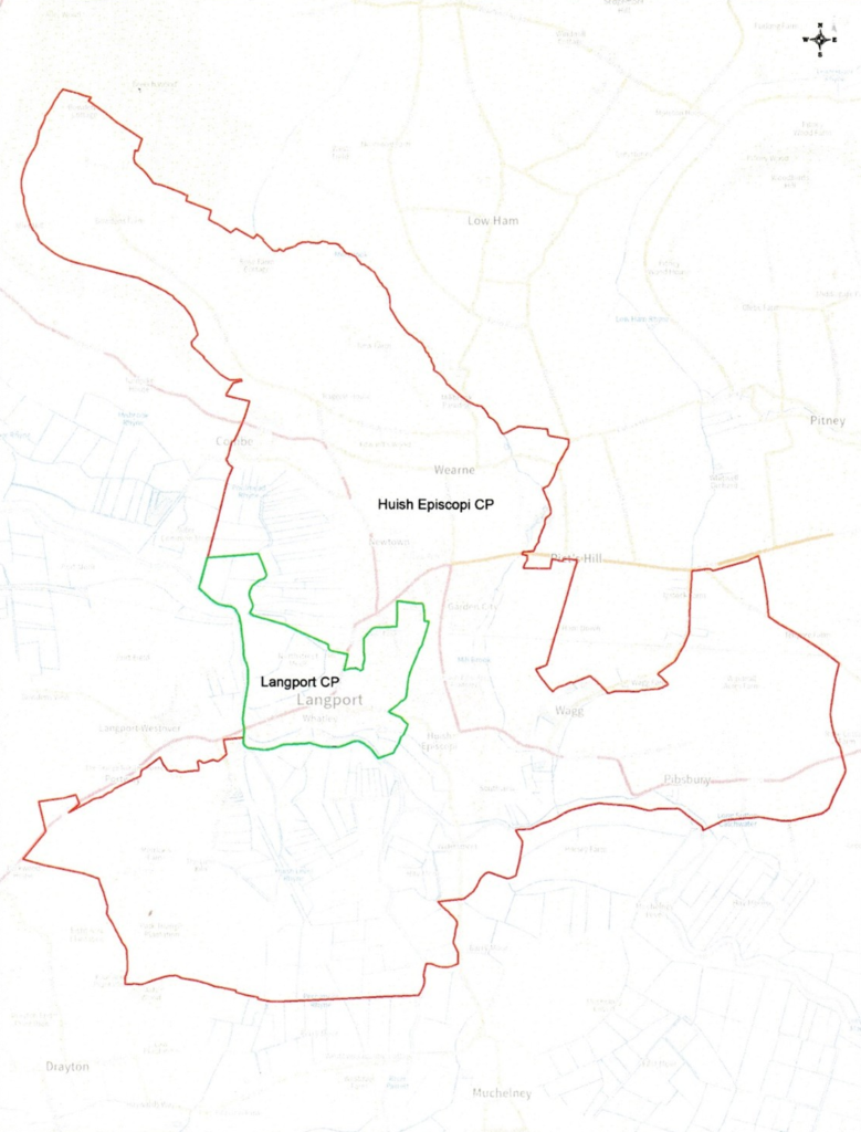 Map of Huish Episcopi and Langport Area showing local roads, rivers and surrounding villages.