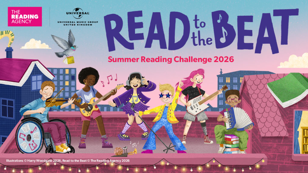 Read to the Beat campaign image featuring children playing music, singing and reading against a colourful city skyline backdrop.